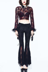 Pantalon gothique en velours à lacets avec motif palais noir évasé pour femmes